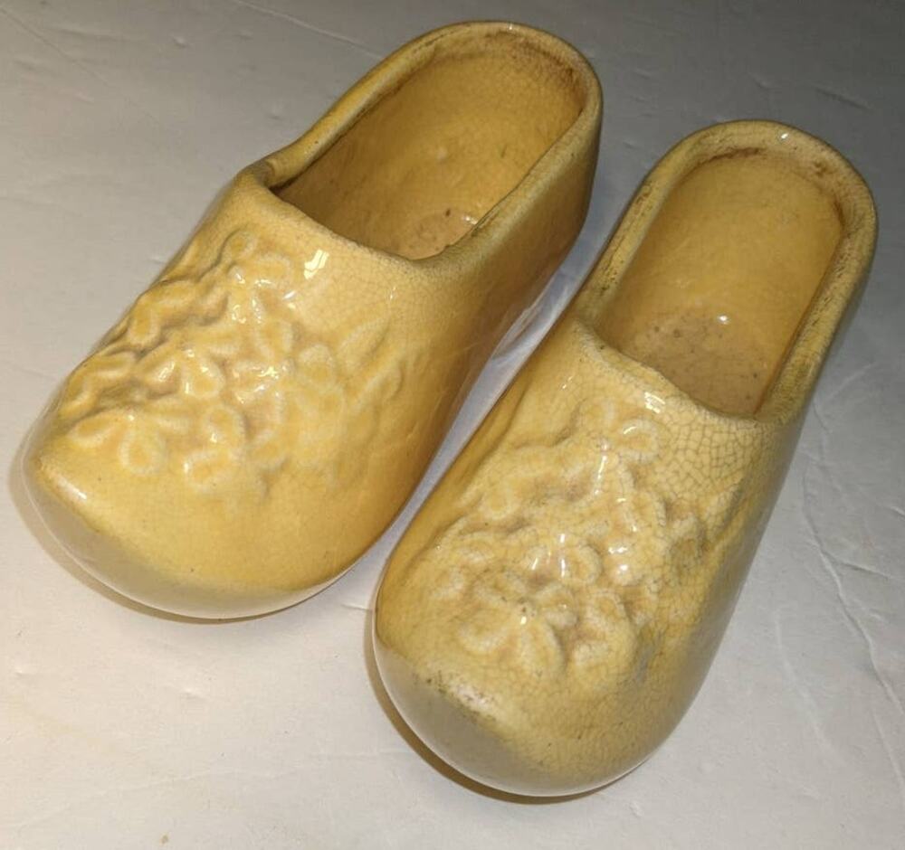 McCoy Mold Yellow Ceramic Clog Planters set 2 Dutch Shoes Cracked Glaze kitschy